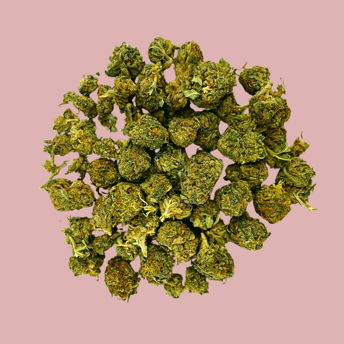 Petit tas de fleurs CBD Mini Buds de la variétés Cherry Pie sur fond rose 800*800 px